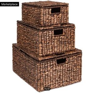 NWT. Set of 2 Large Hyacinth Storage Baskets w/ Insert Handles, Lid - 21", 20"
